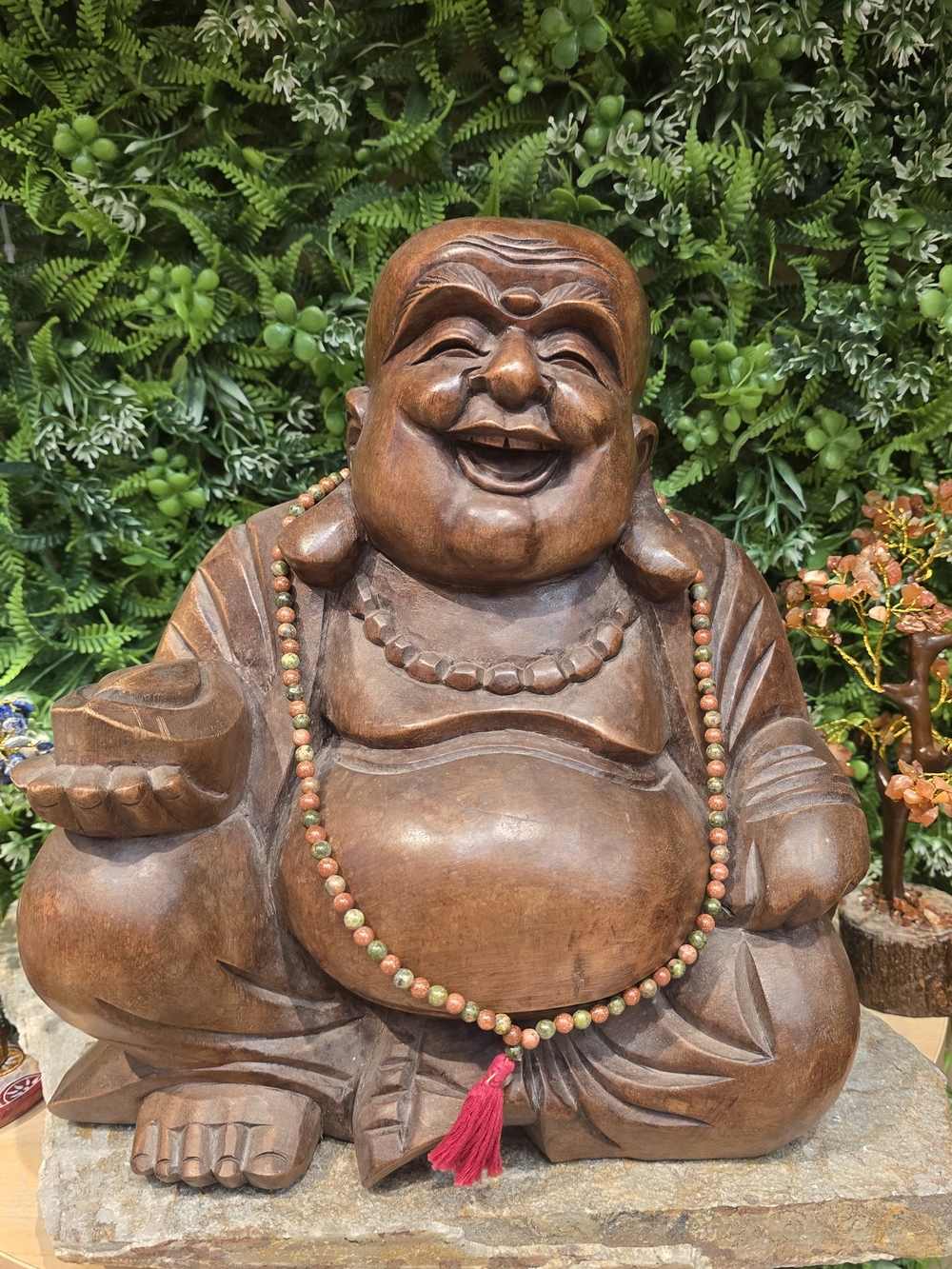 Hand-Carved Brown Laughing Buddha Statue with Beaded Necklace